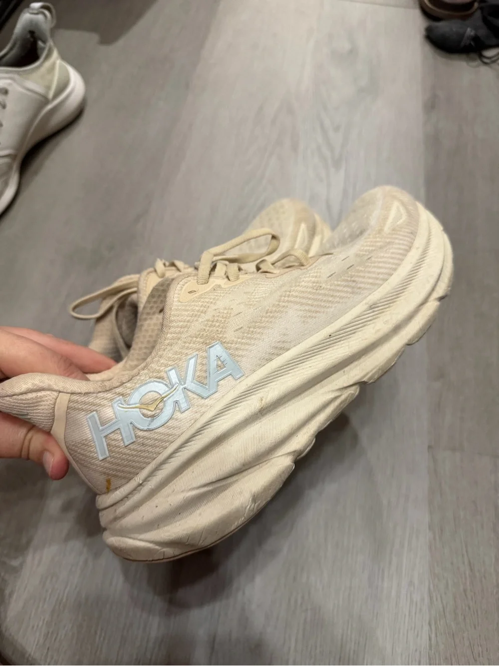 Hoka Women's Running Shoe in Beige with White Logo